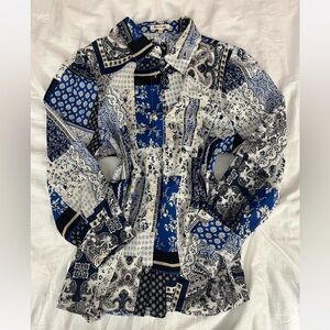 Blue and White Patterned Button-Up Shirt